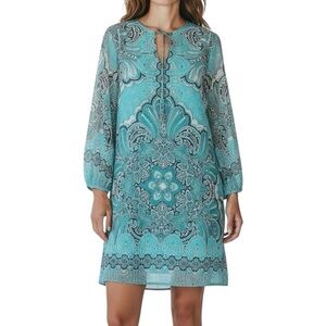 NWT VINCE CAMUTO Paisley Teal Sheer Sleeve Keyhole Tie Neck Dress Size 6